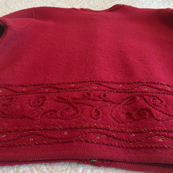 100% Wool Front Zip Sweater Jacket Women’s Medium Red Gold Stitching Cord Warm - Picture 13 of 17